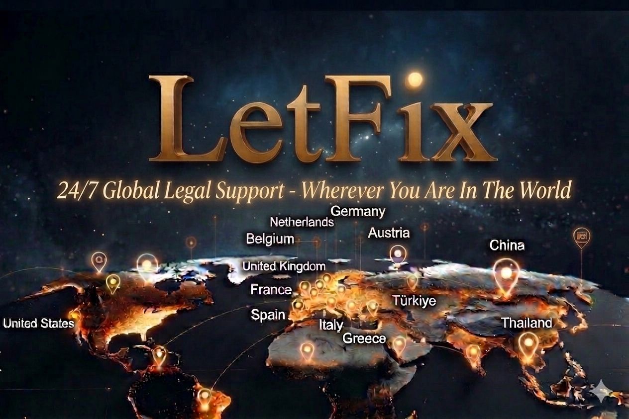 A library shelf of multilingual law books — LetFix Global brand.